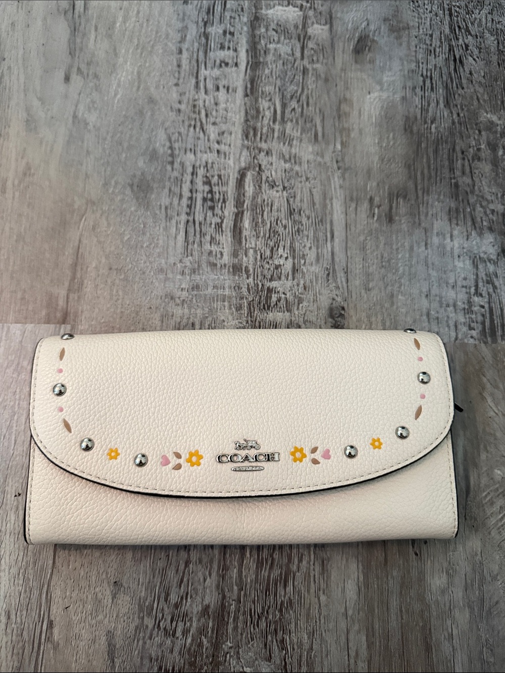 Coach Cream Leather Floral Accent Wallet